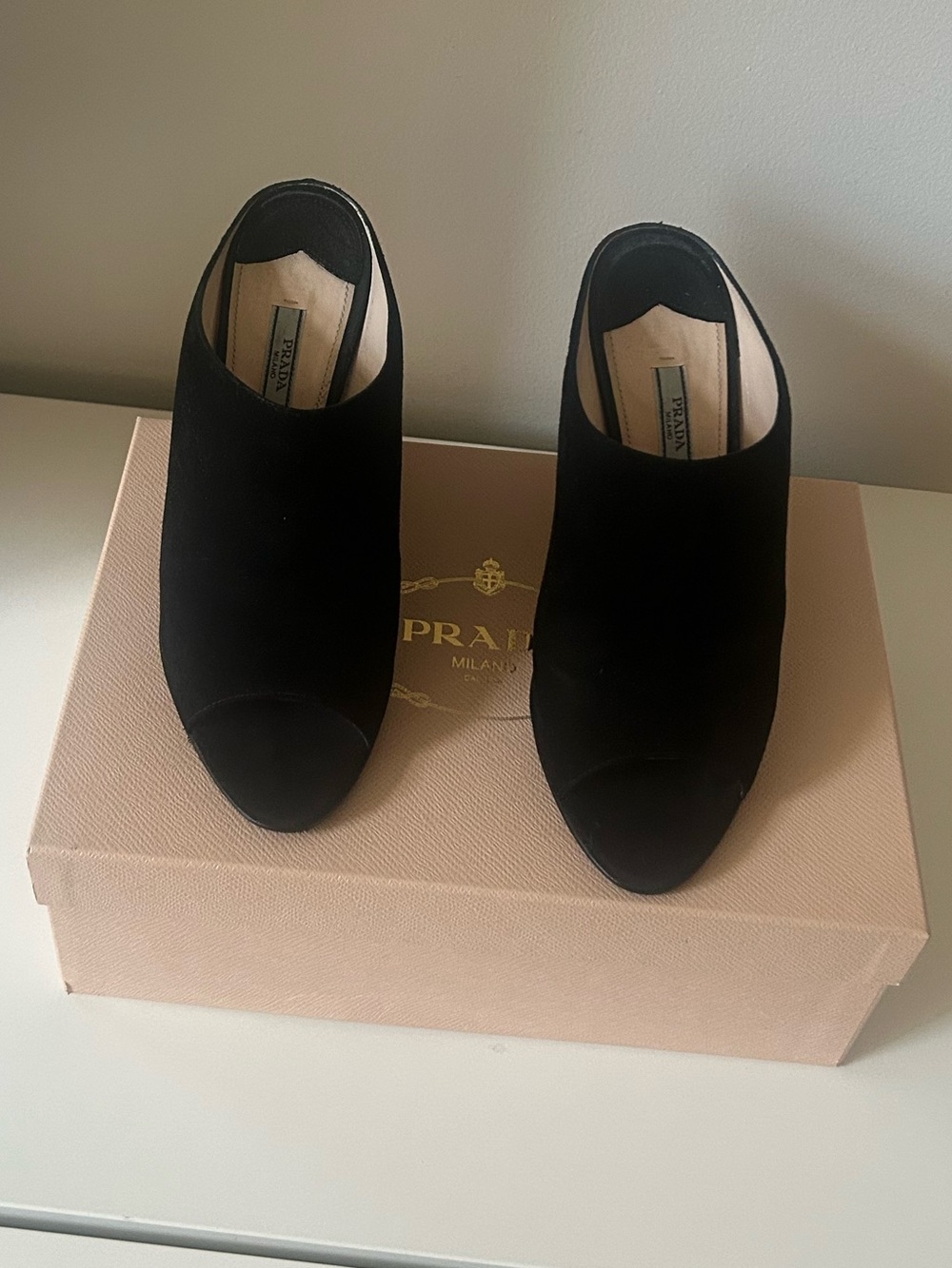 Prada Black Suede Peep-Toe Wedge Mules - Picture 4 of 4